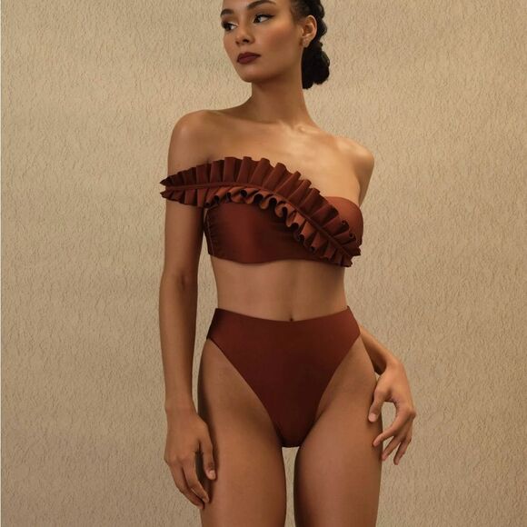 Andrea lyamah 2 Piece LIVA Bikini in Chocolate Size Medium asymmetric ruffle - Picture 1 of 8